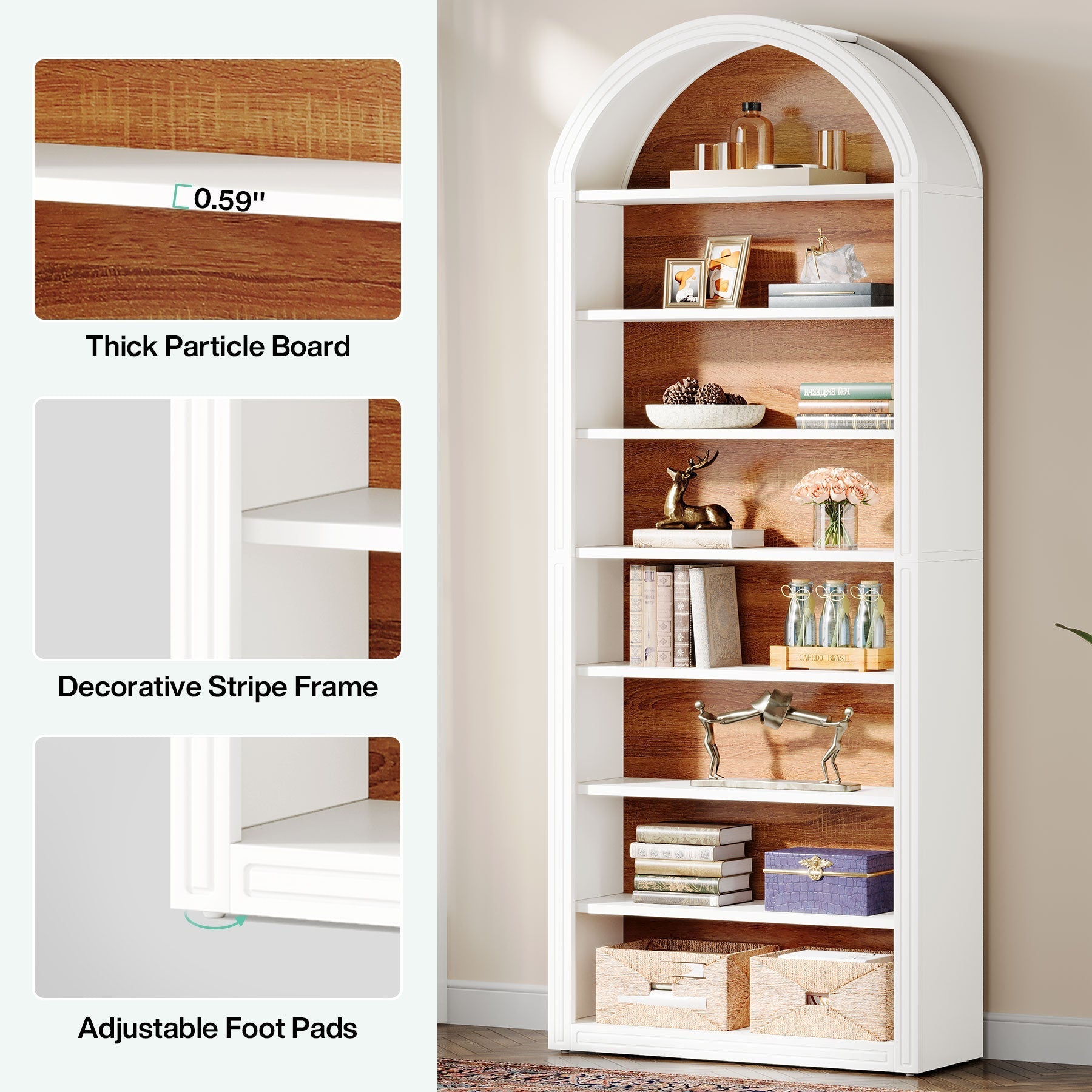 78.7" Bookshelf, Wooden Arched Bookcase Display Shelving Unit Tribesigns