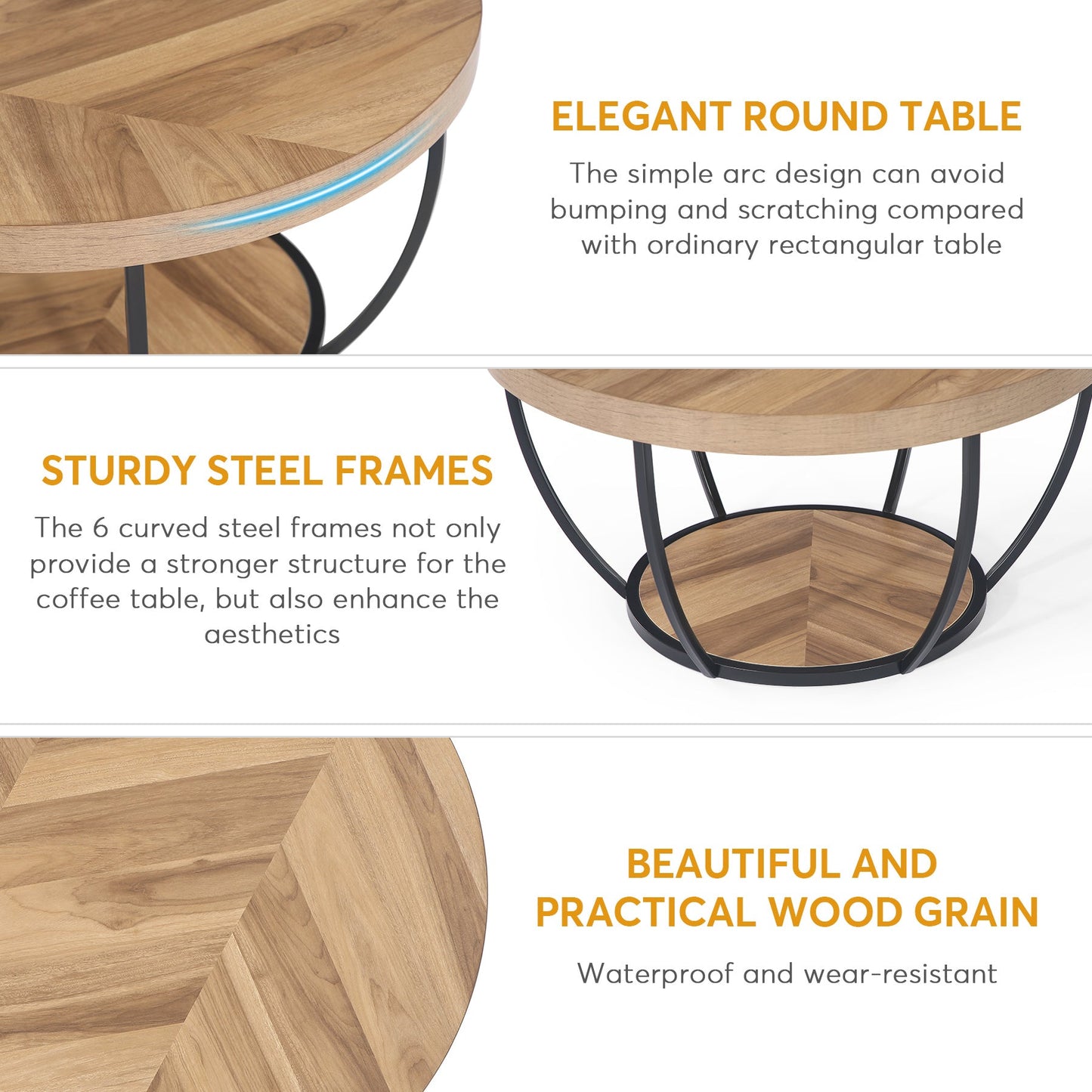 Coffee Table, 2-Tier Wooden Round Central Cocktail Table with Shelves Tribesigns