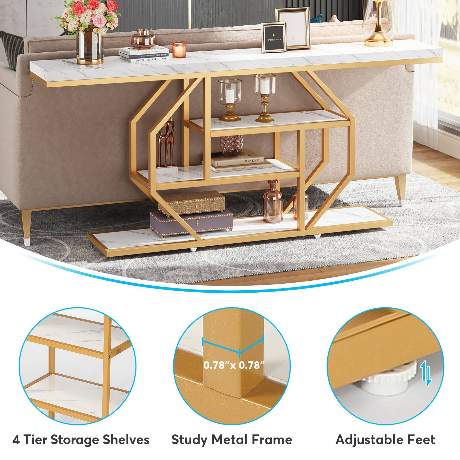 Console Table, 70.9 inch Sofa Table with 4 Tier Storage Shelves Tribesigns