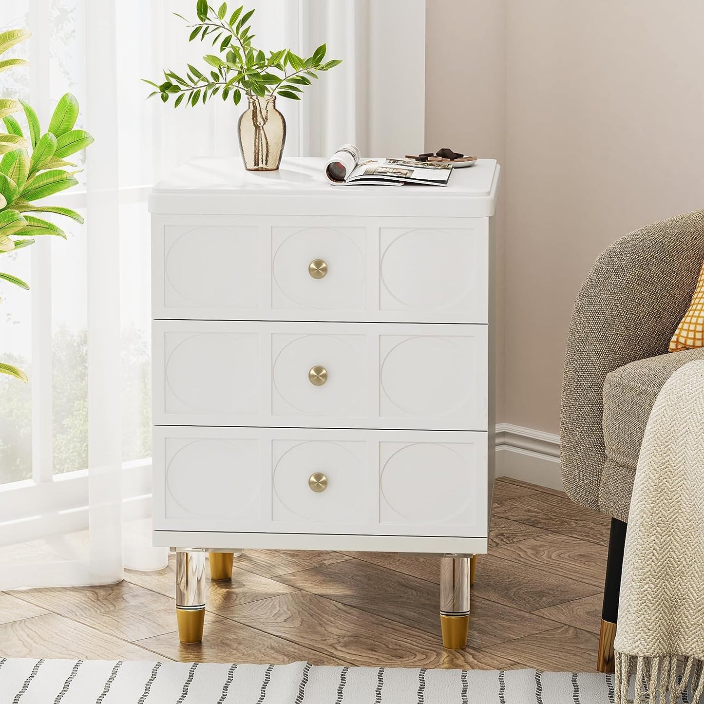 Nightstand, 3-Drawer Bedside Table with Acrylic Metal Legs Tribesigns