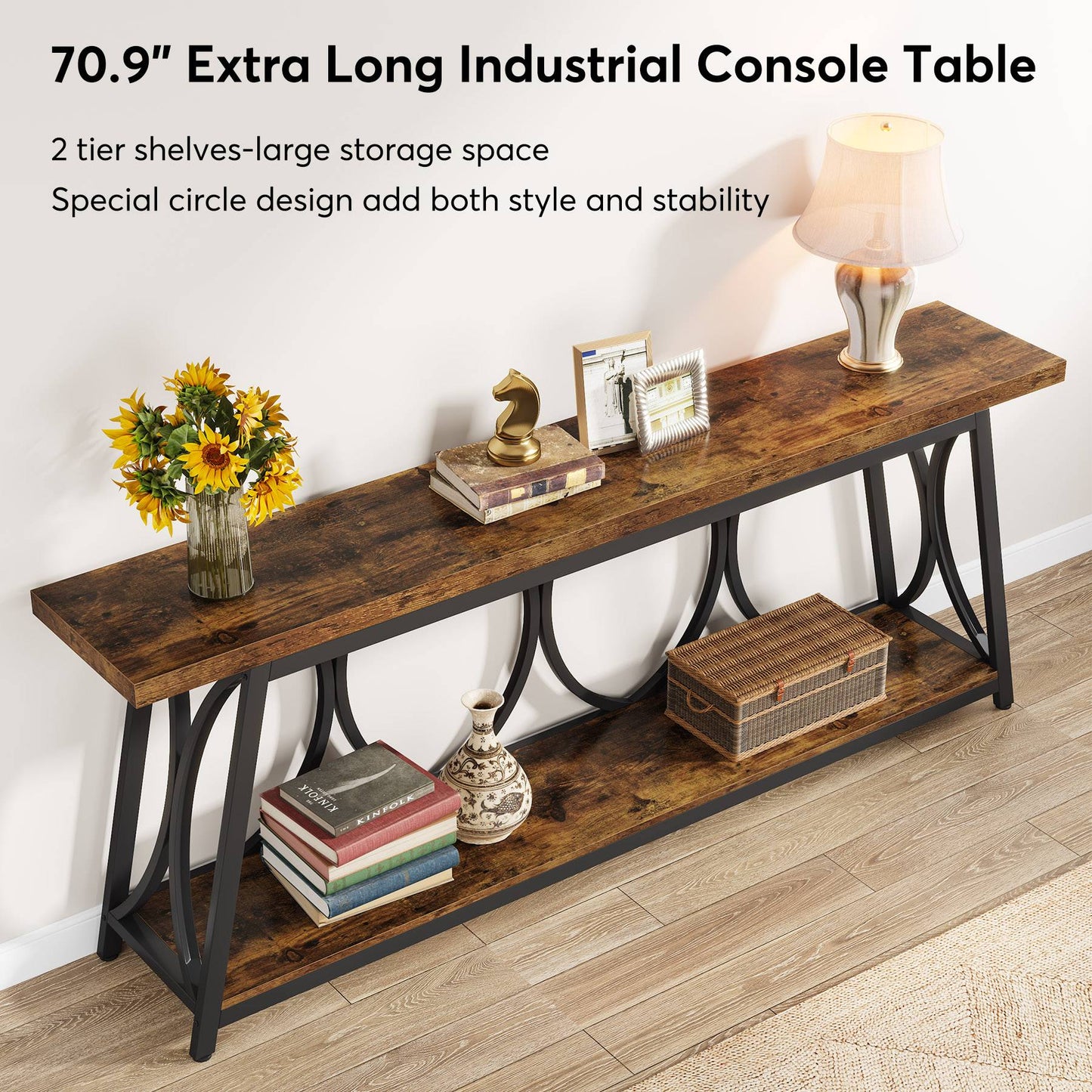 2-Tier Console Table, 70.9" Industrial Sofa Table Behind Couch with Shelves Tribesigns