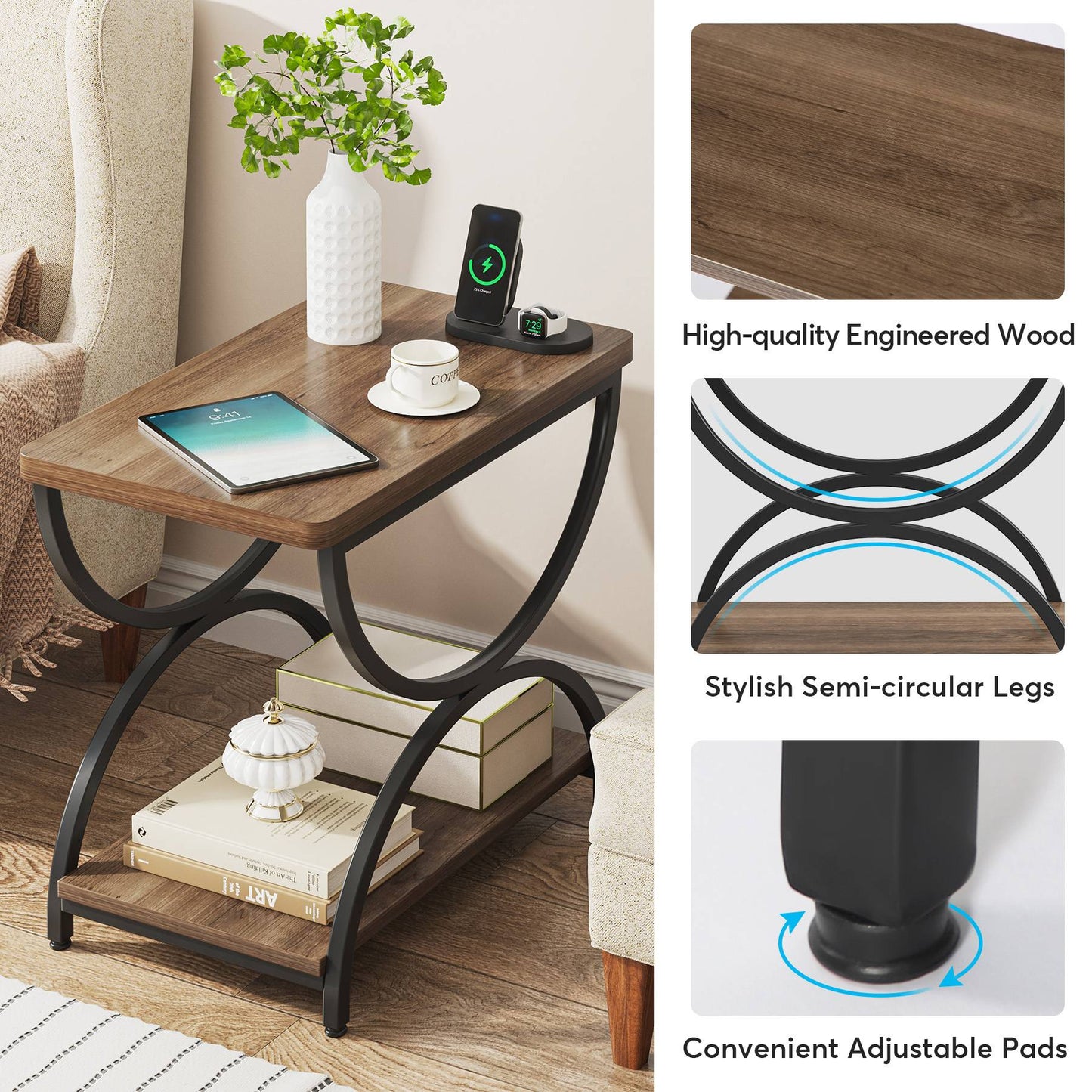 2-Tier End Table, Rectangular Side Table with Stylish Metal Frame Tribesigns