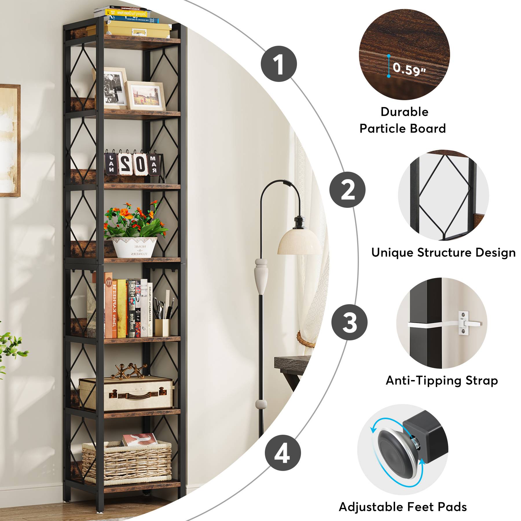 7-Tier Corner Shelf, 78.7" Narrow Bookshelf Corner Bookcase Tribesigns