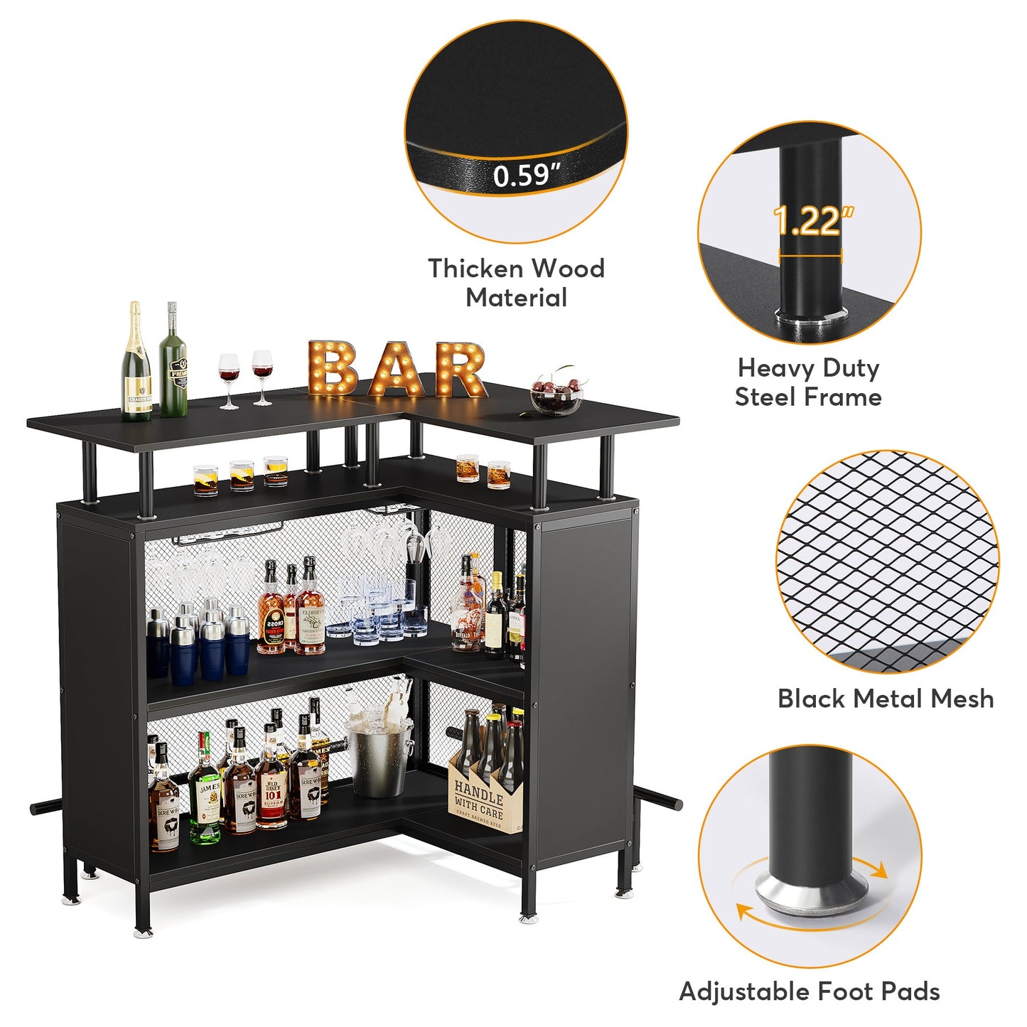 Home Bar Unit, L-Shaped Liquor Bar Table with Glasses Holders & Shelves Tribesigns