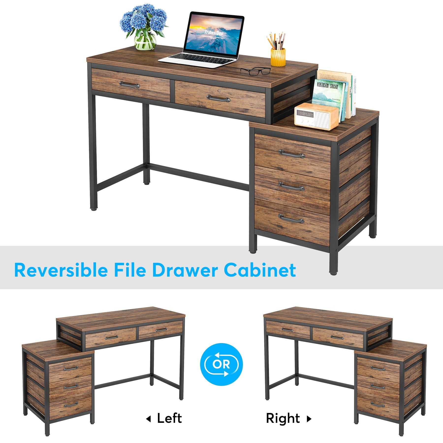 5-Drawer Computer Desk, Study Writing Table with Reversible Drawer Cabinet Tribesigns