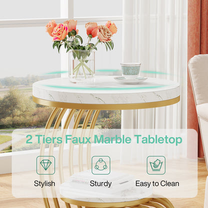 Round End Table, 2 Tiers Faux Marble Side Table with Storage Shelf Tribesigns