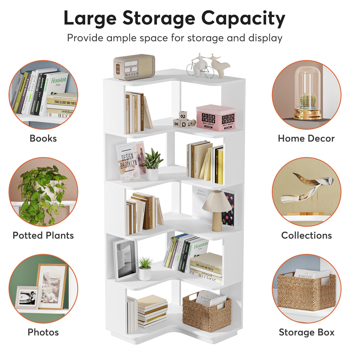 6-Tier Corner Bookshelf, 64.96" Corner Bookcase with Anti-Drop Panel