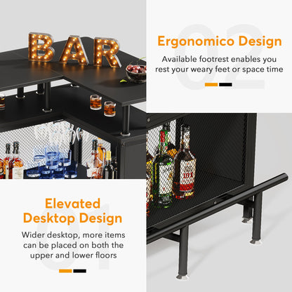 Home Bar Unit, L-Shaped Liquor Bar Table with Glasses Holders & Shelves Tribesigns