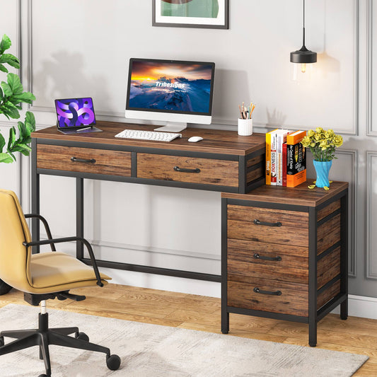 5-Drawer Computer Desk, Study Writing Table with Reversible Drawer Cabinet Tribesigns