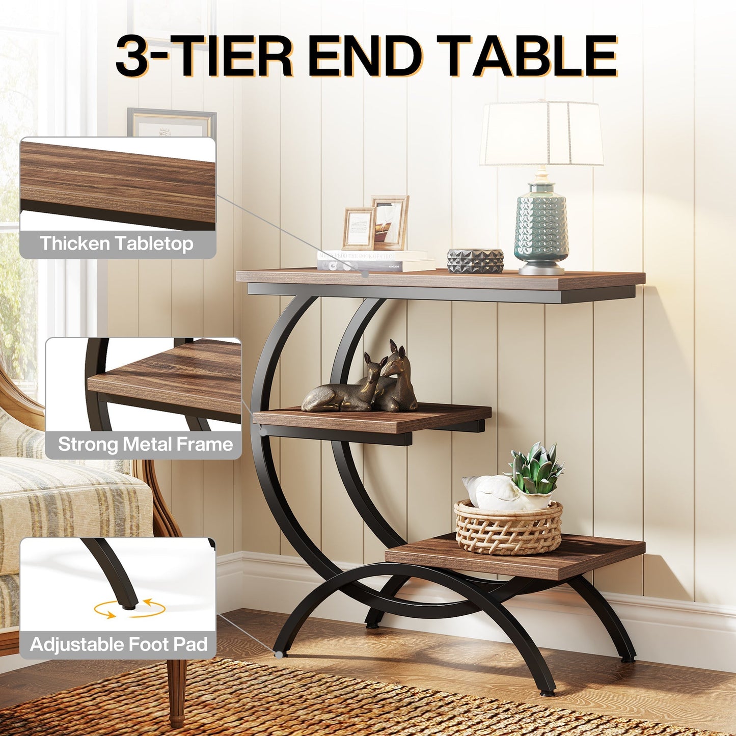 C - Shaped End Table, Industrial 3 - Tier Side Table for Small Space Tribesigns