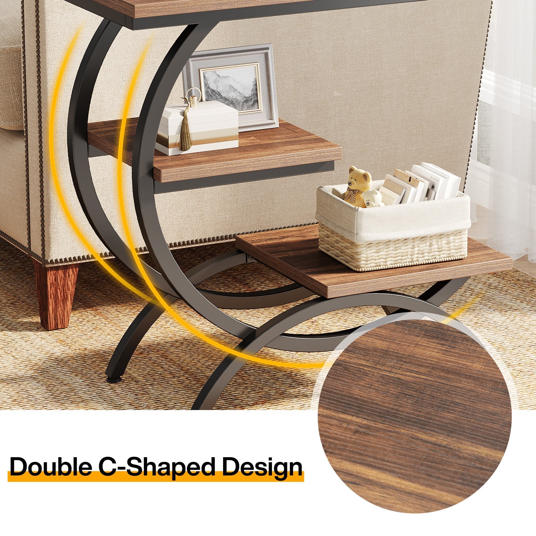 C - Shaped End Table, Industrial 3 - Tier Side Table for Small Space Tribesigns