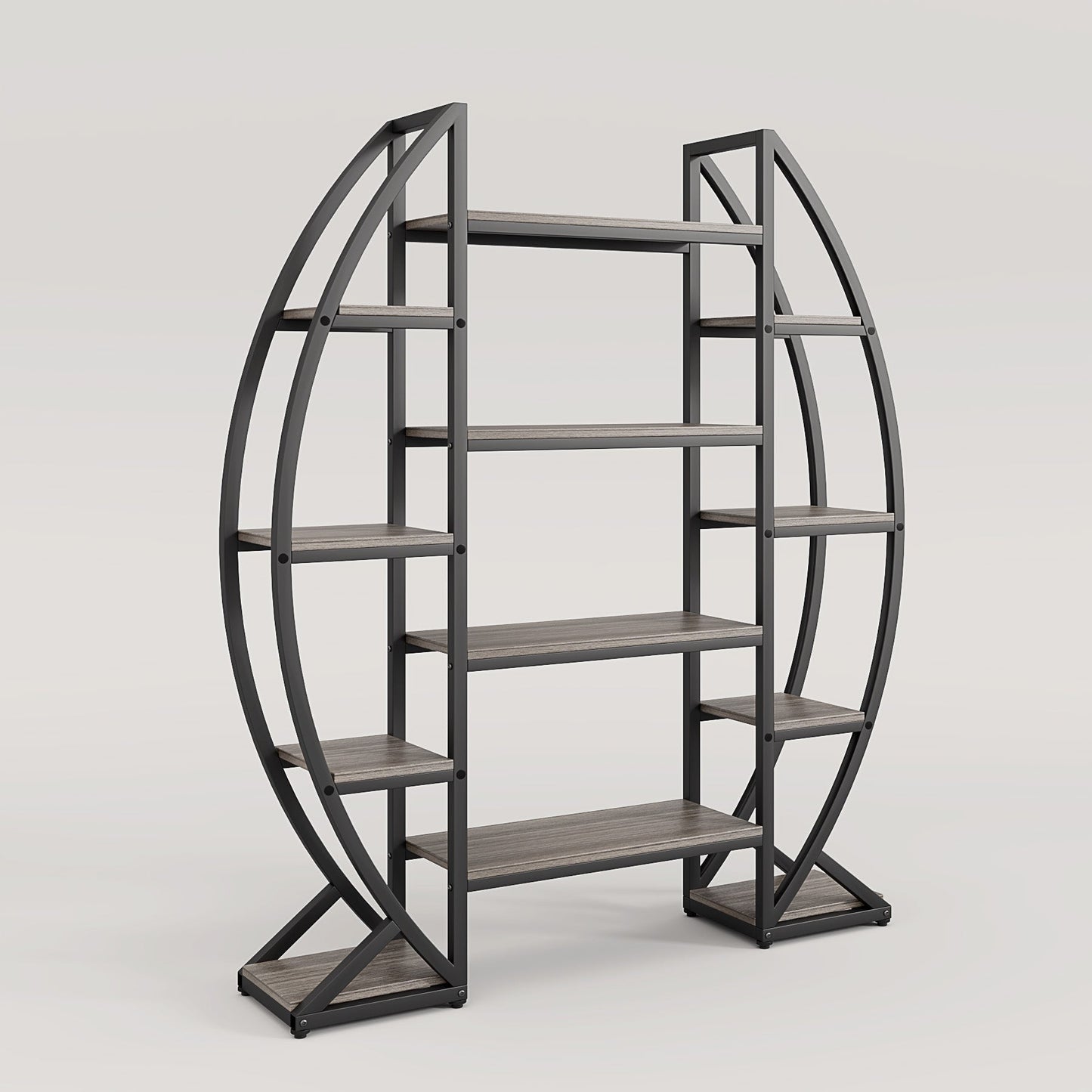 Industrial Bookshelf, Oval Triple Wide Etagere Bookcases Display Shelves Tribesigns