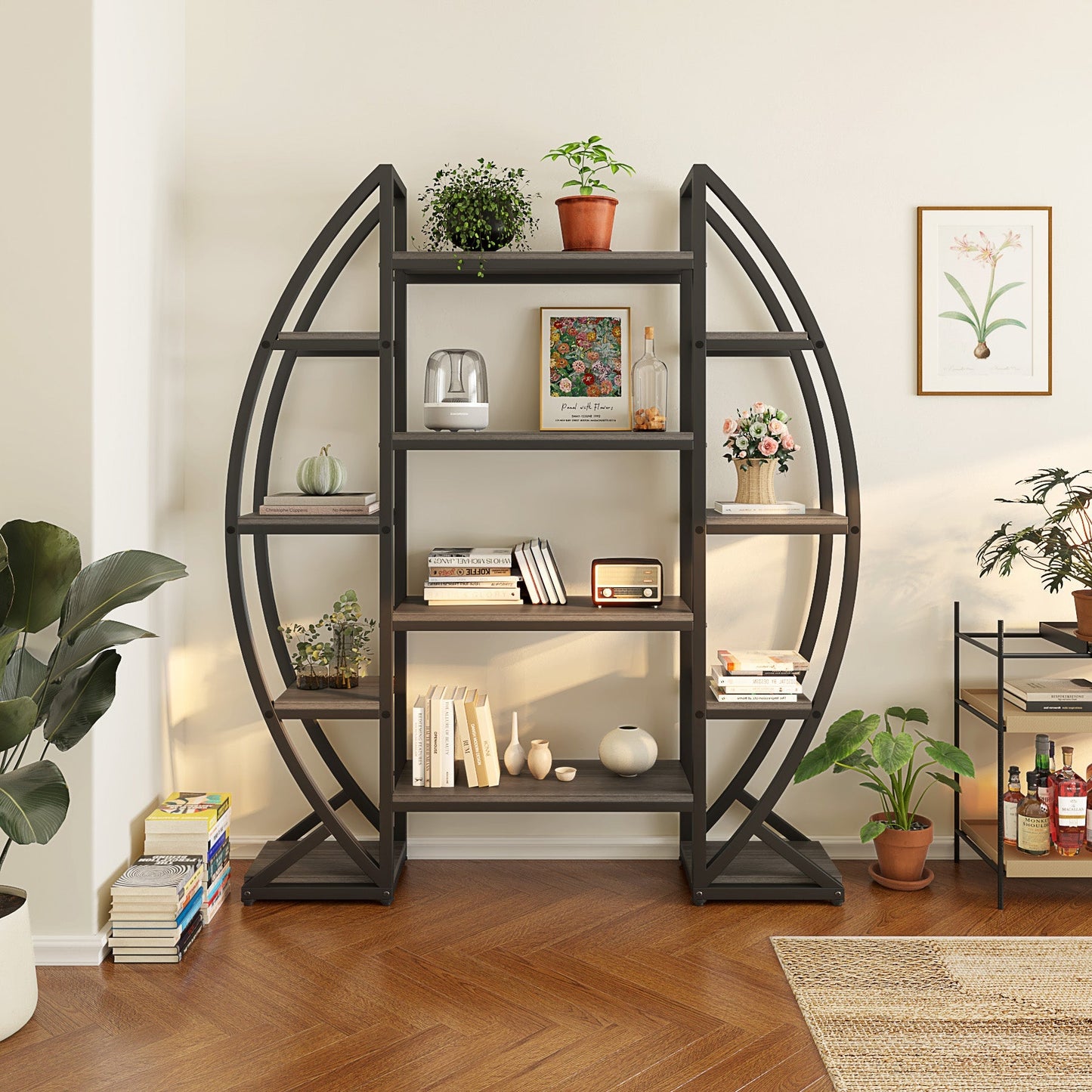 Industrial Bookshelf, Oval Triple Wide Etagere Bookcases Display Shelves Tribesigns