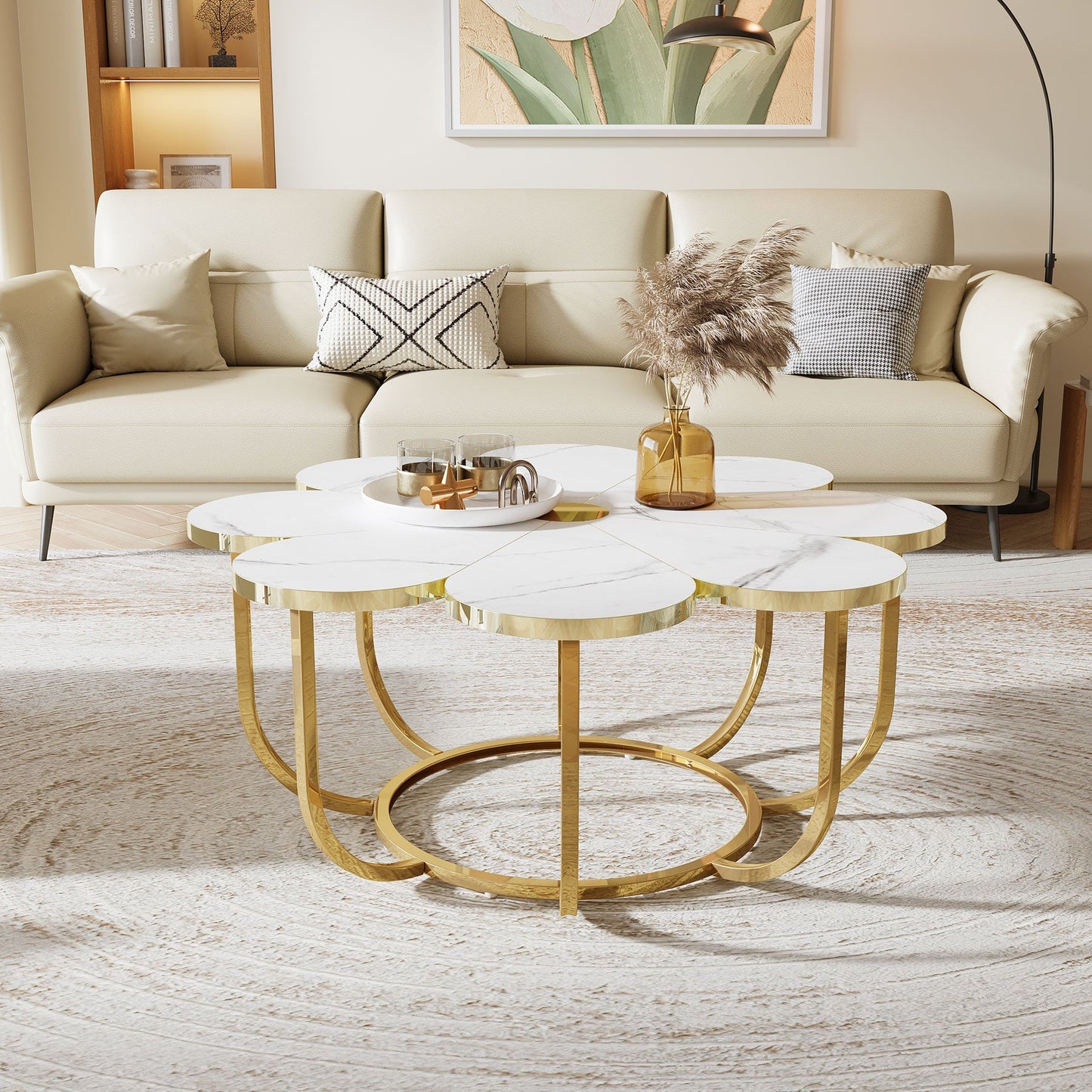 Modern Coffee Table, Flower - Shaped Center Table with Faux Marble Tabletop Tribesigns