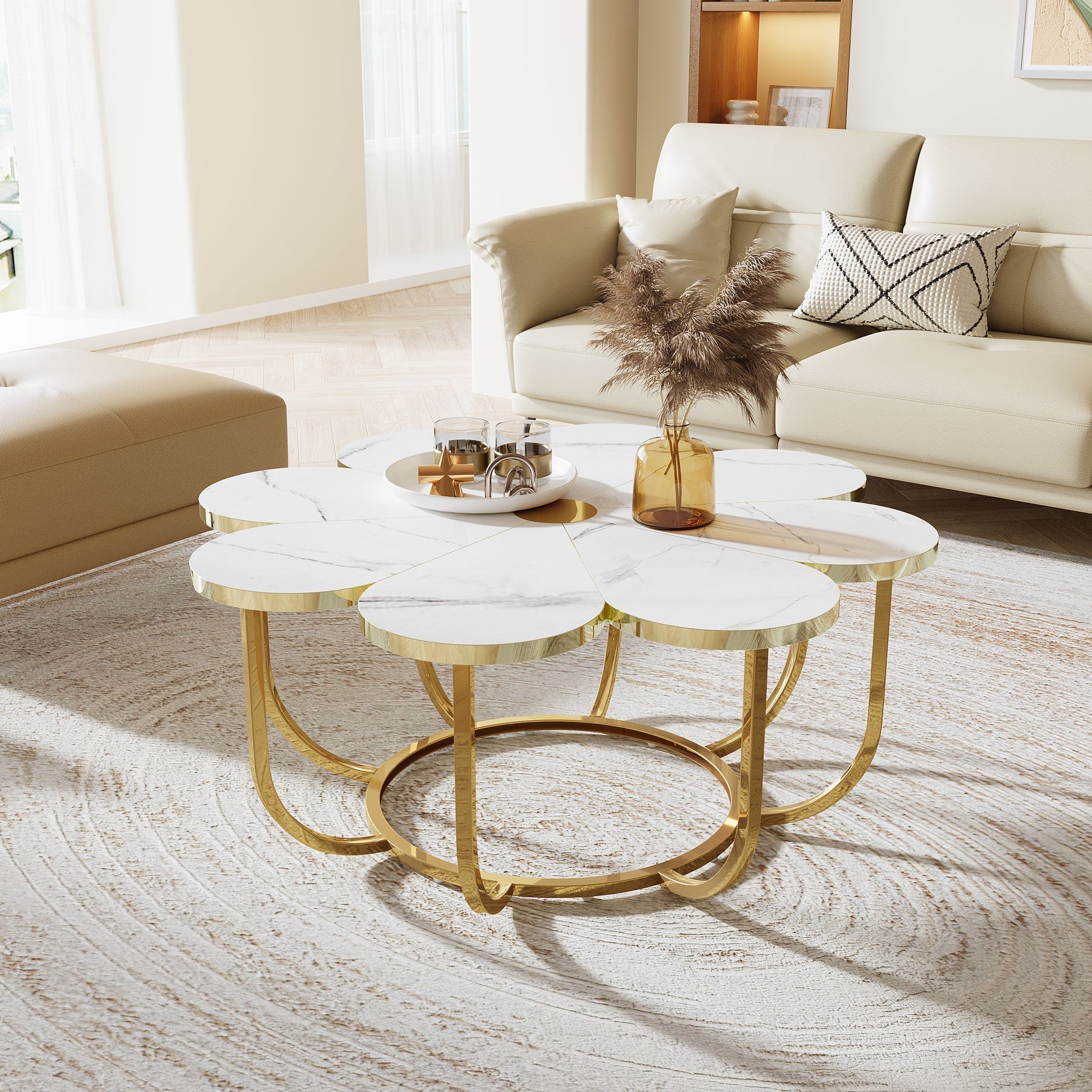 Modern Coffee Table, Flower - Shaped Center Table with Faux Marble Tabletop Tribesigns