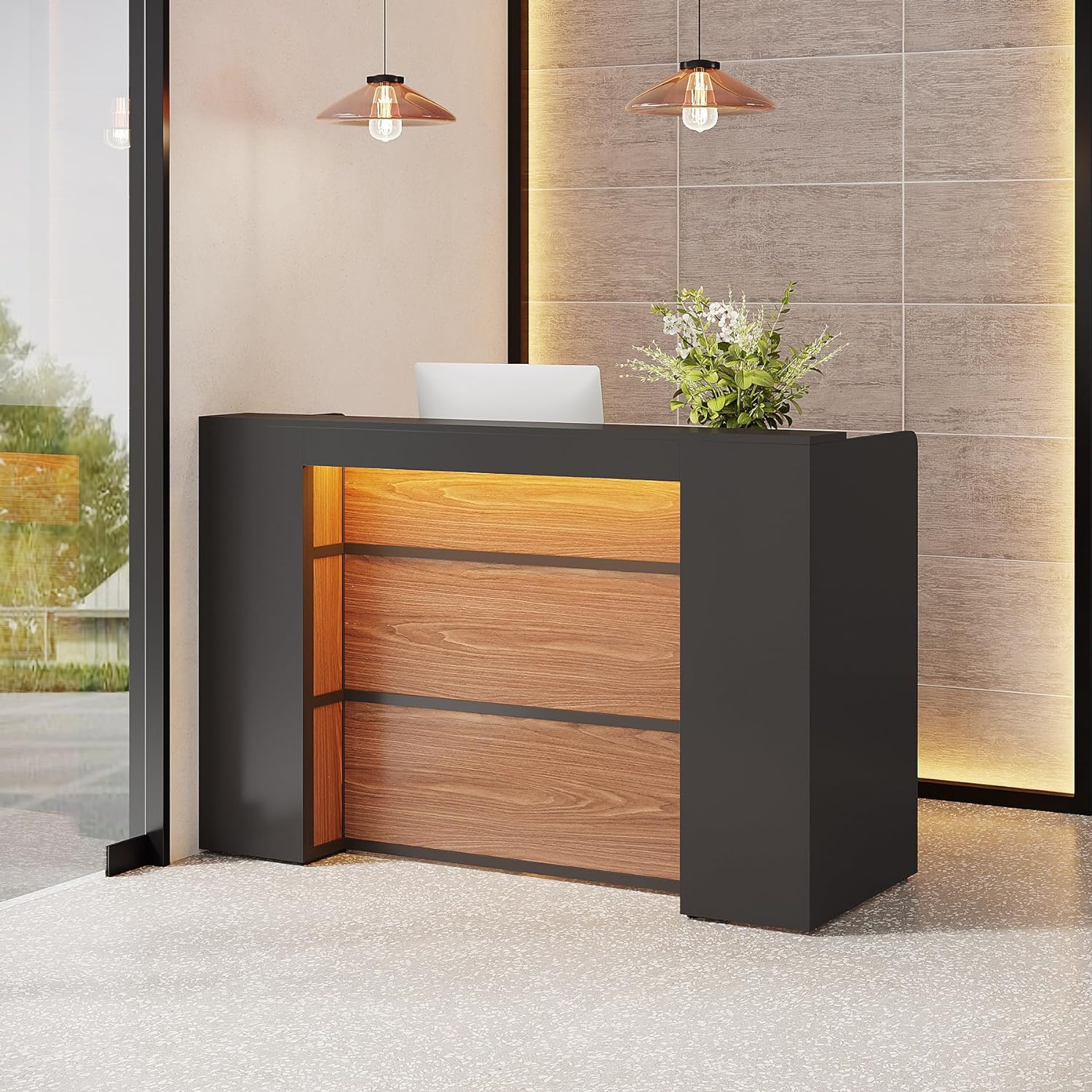 Modern Reception Desk, Large Counter Table Front Desk with LED Lights Tribesigns