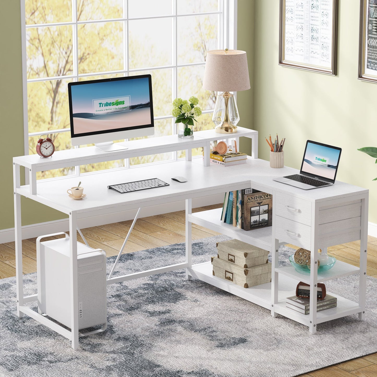 Reversible L-Shaped Desk, Industrial Corner Desk with Drawer & Storage Shelves Tribesigns