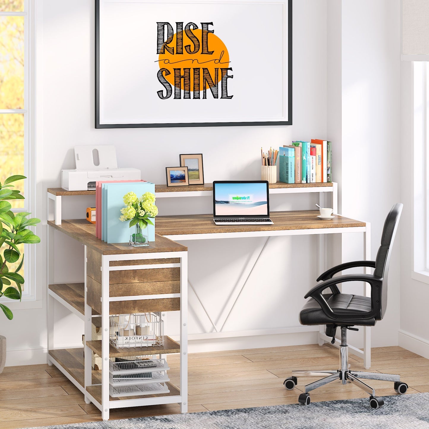 Reversible L-Shaped Desk, Industrial Corner Desk with Drawer & Storage Shelves Tribesigns