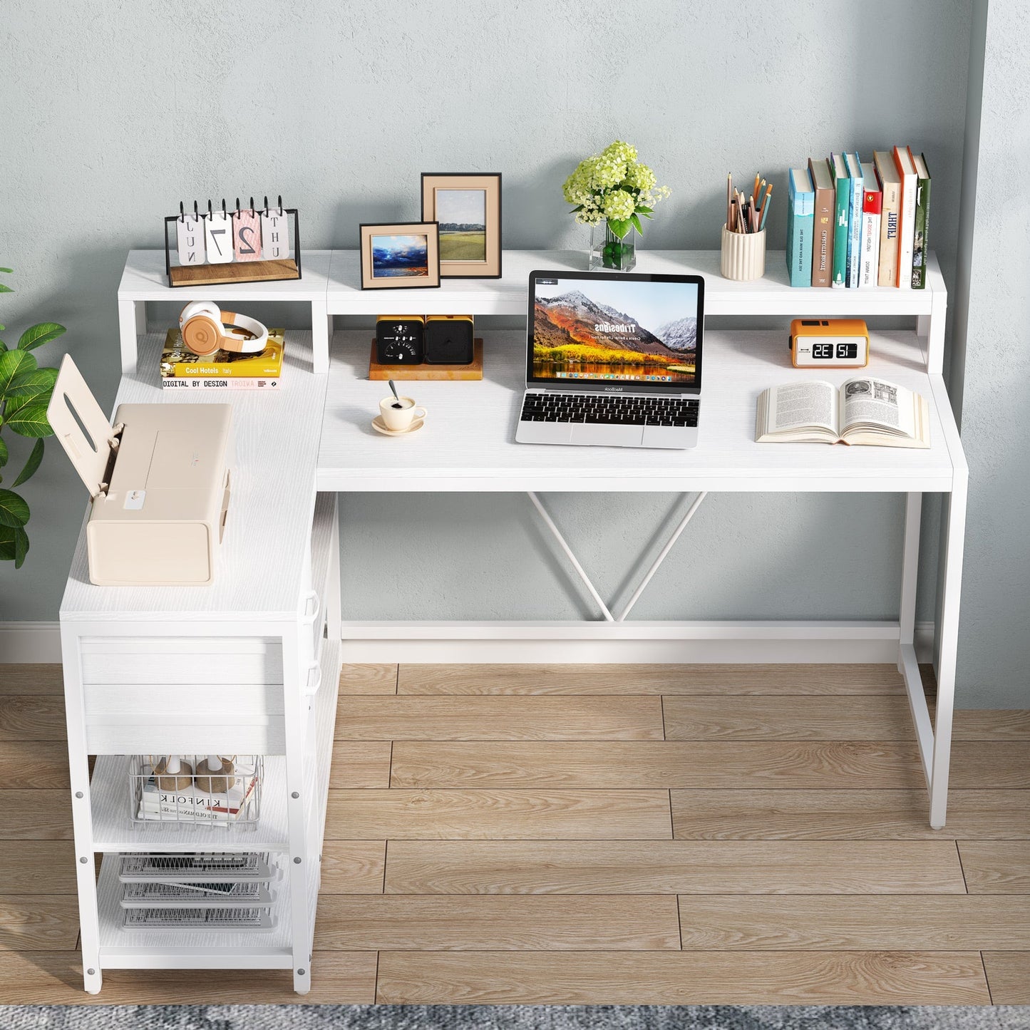 Reversible L-Shaped Desk, Industrial Corner Desk with Drawer & Storage Shelves Tribesigns