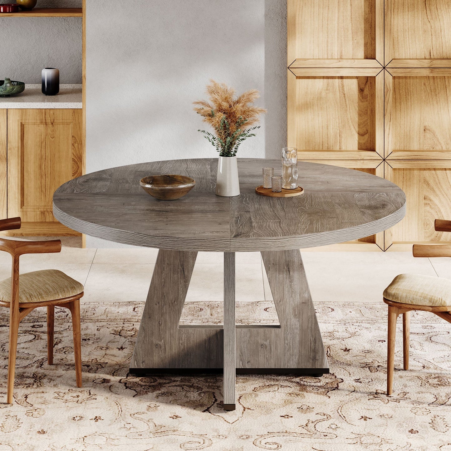 Round Dining Table for 4, 47" Wood Kitchen Table Farmhouse Dinner Table Tribesigns