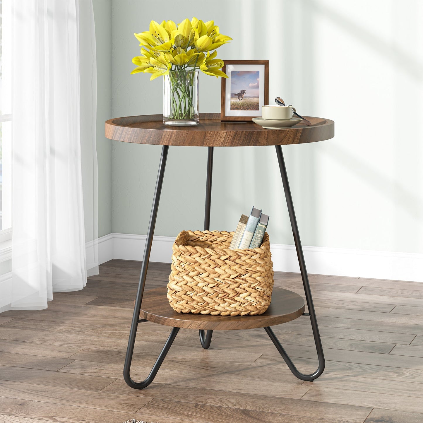 Round End Table, 2-Tier Side Table Accent Table with Metal Legs Tribesigns