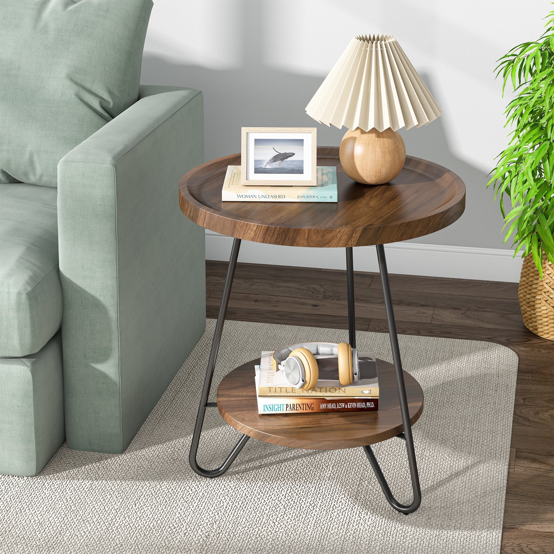 Round End Table, 2-Tier Side Table Accent Table with Metal Legs Tribesigns