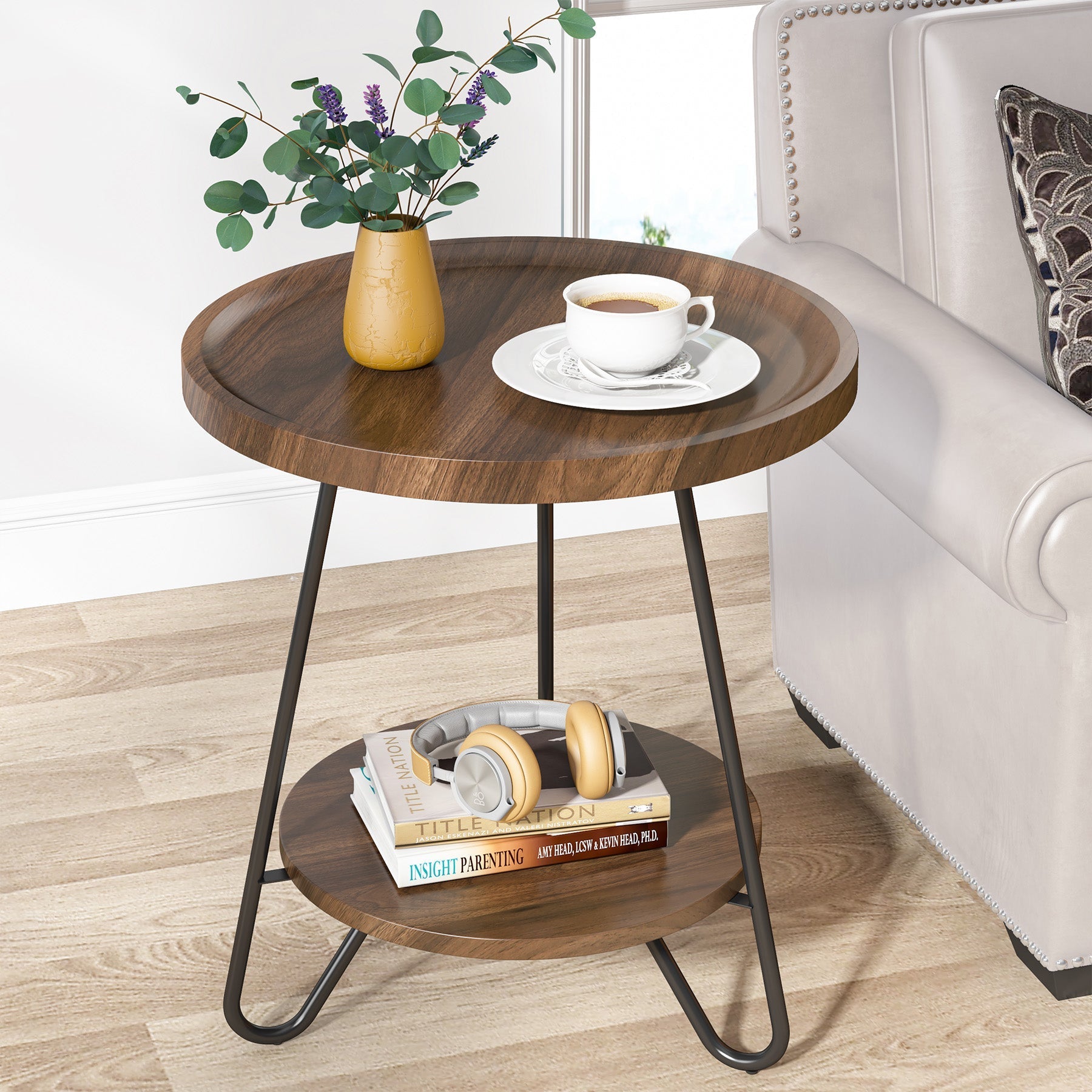 Round End Table, 2-Tier Side Table Accent Table with Metal Legs Tribesigns