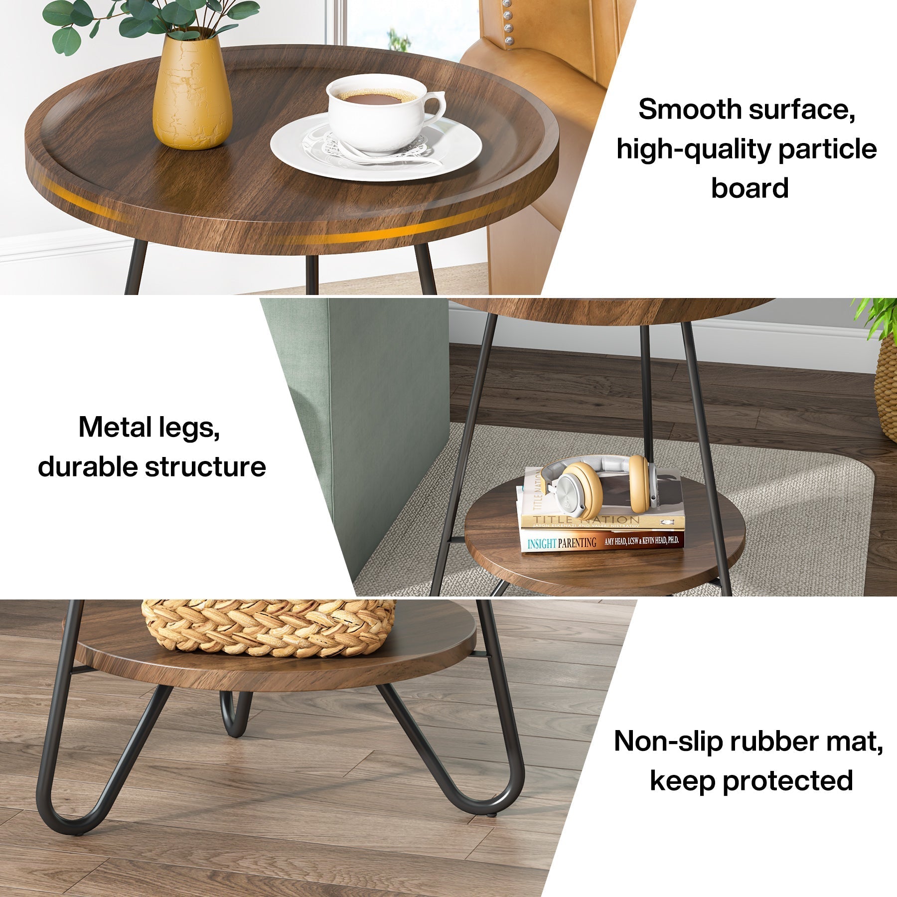 Round End Table, 2-Tier Side Table Accent Table with Metal Legs Tribesigns