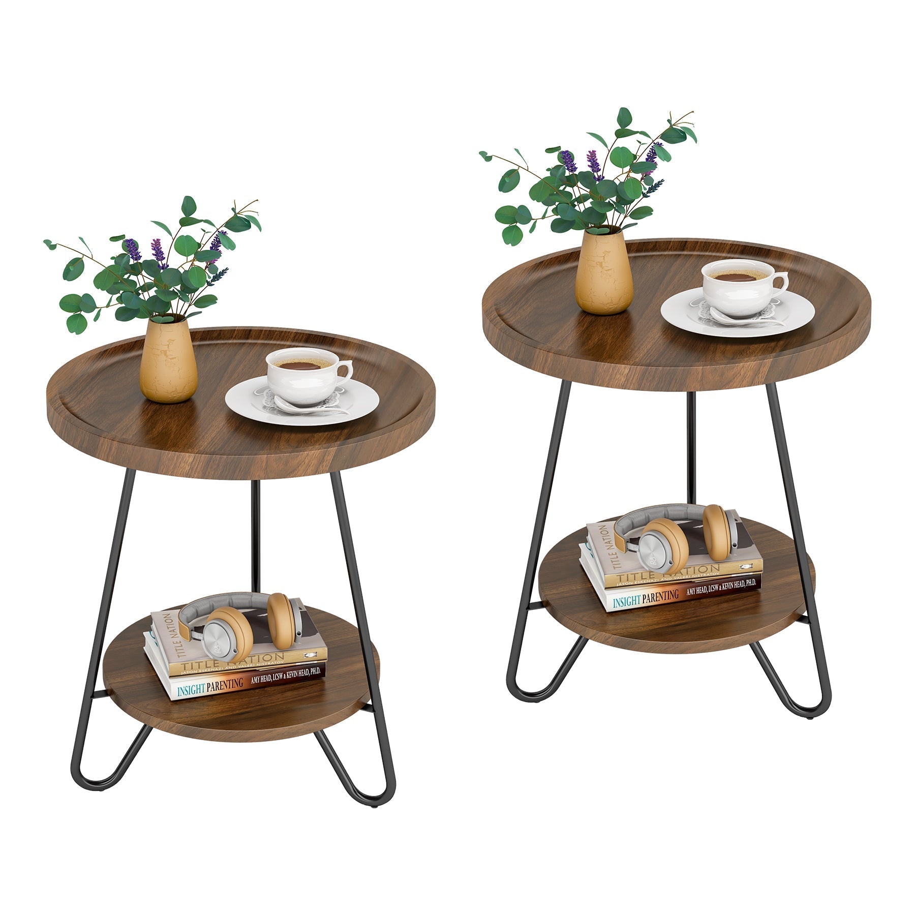 Round End Table, 2-Tier Side Table Accent Table with Metal Legs Tribesigns