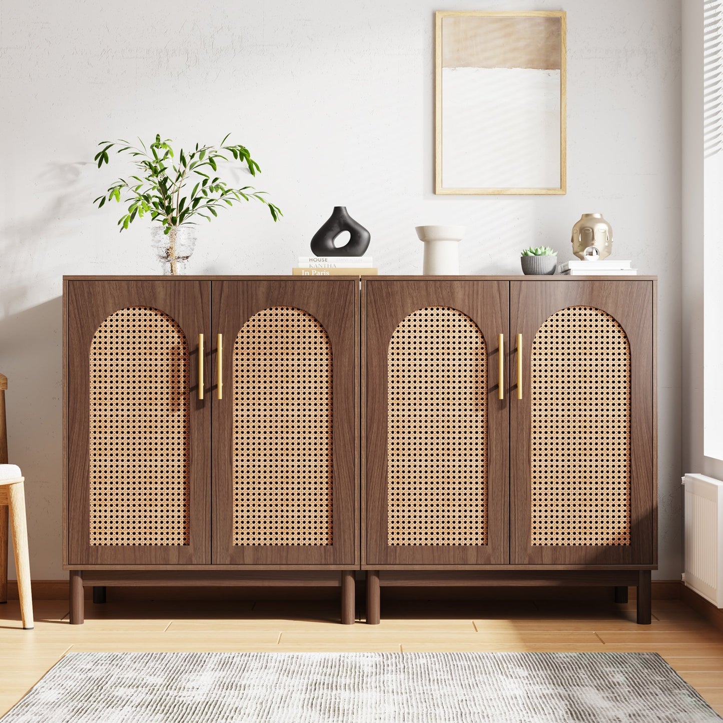 Sideboard Buffet Set of 2, Accent Rattan Storage Cabinet with Doors Tribesigns