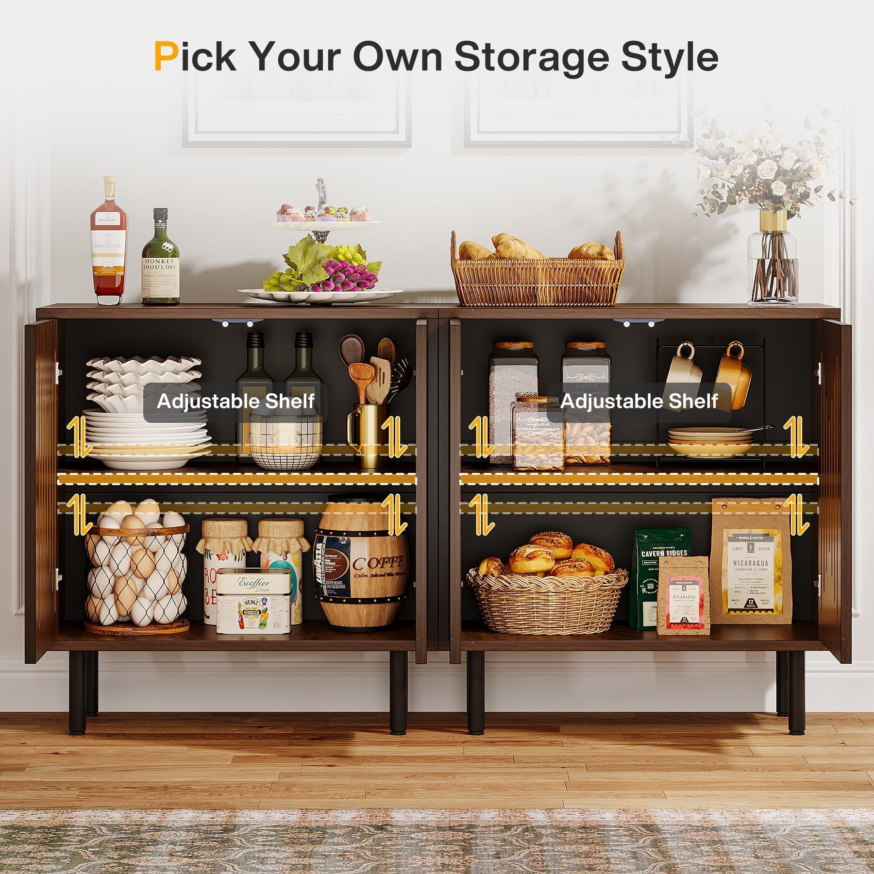 Sideboard Buffet, Set of 2 Storage Cabinet with Adjustable Shelves Tribesigns