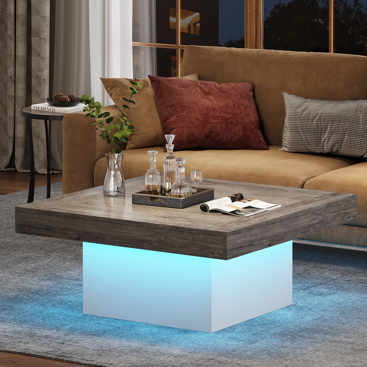 Square Coffee Table, Farmhouse Wood Cocktail Table with LED Light Tribesigns