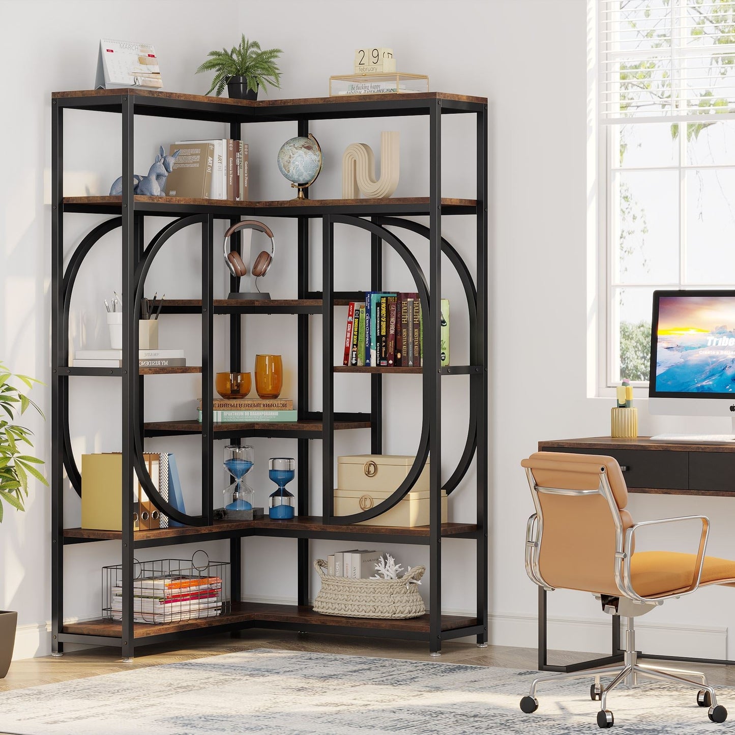 Tribesigns 7 - Shelf Corner Bookshelf, L - Shaped Bookcase Display Rack Tribesigns