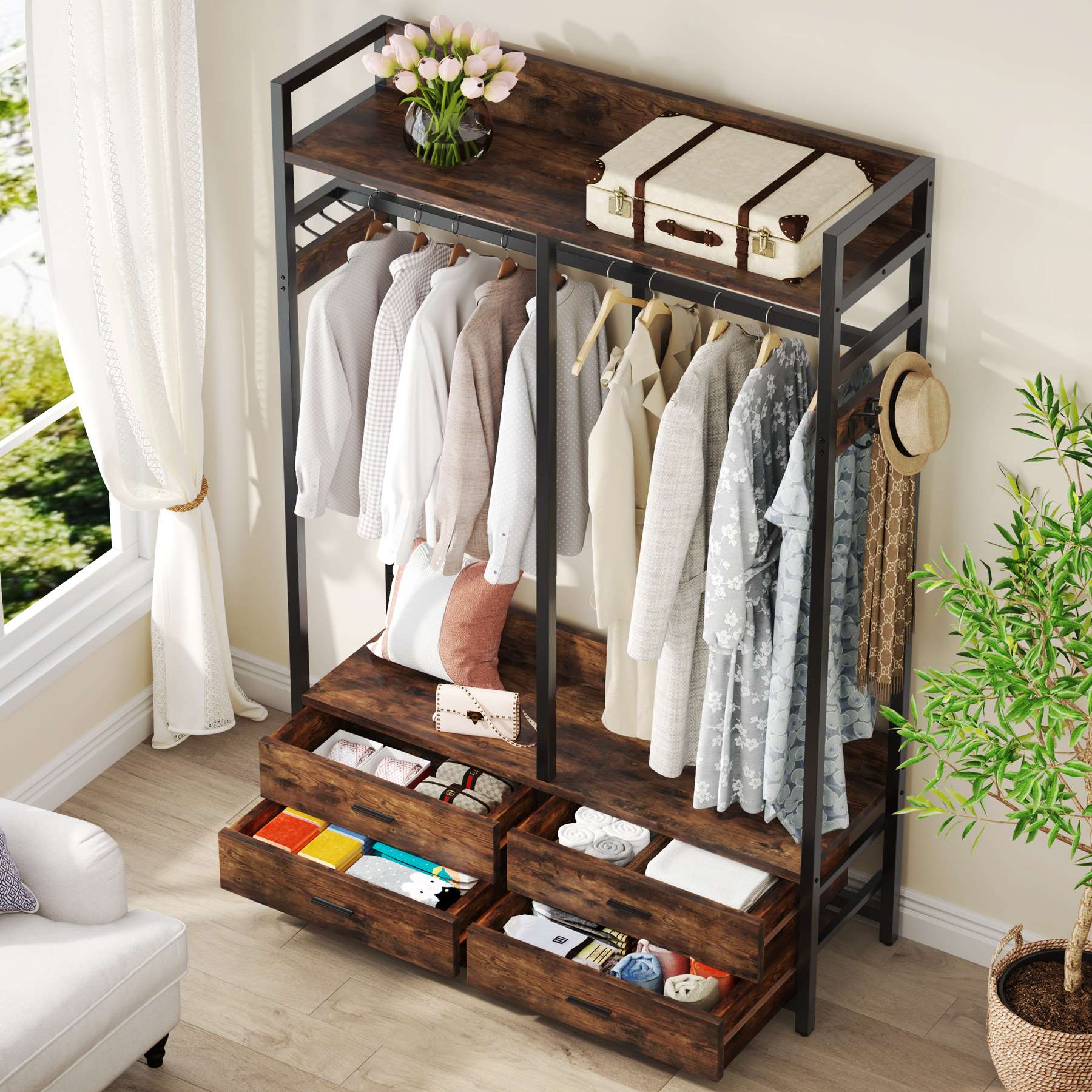 Tribesigns Freestanding Closet Organizer, Garment Rack with Drawers & Shelves Tribesigns