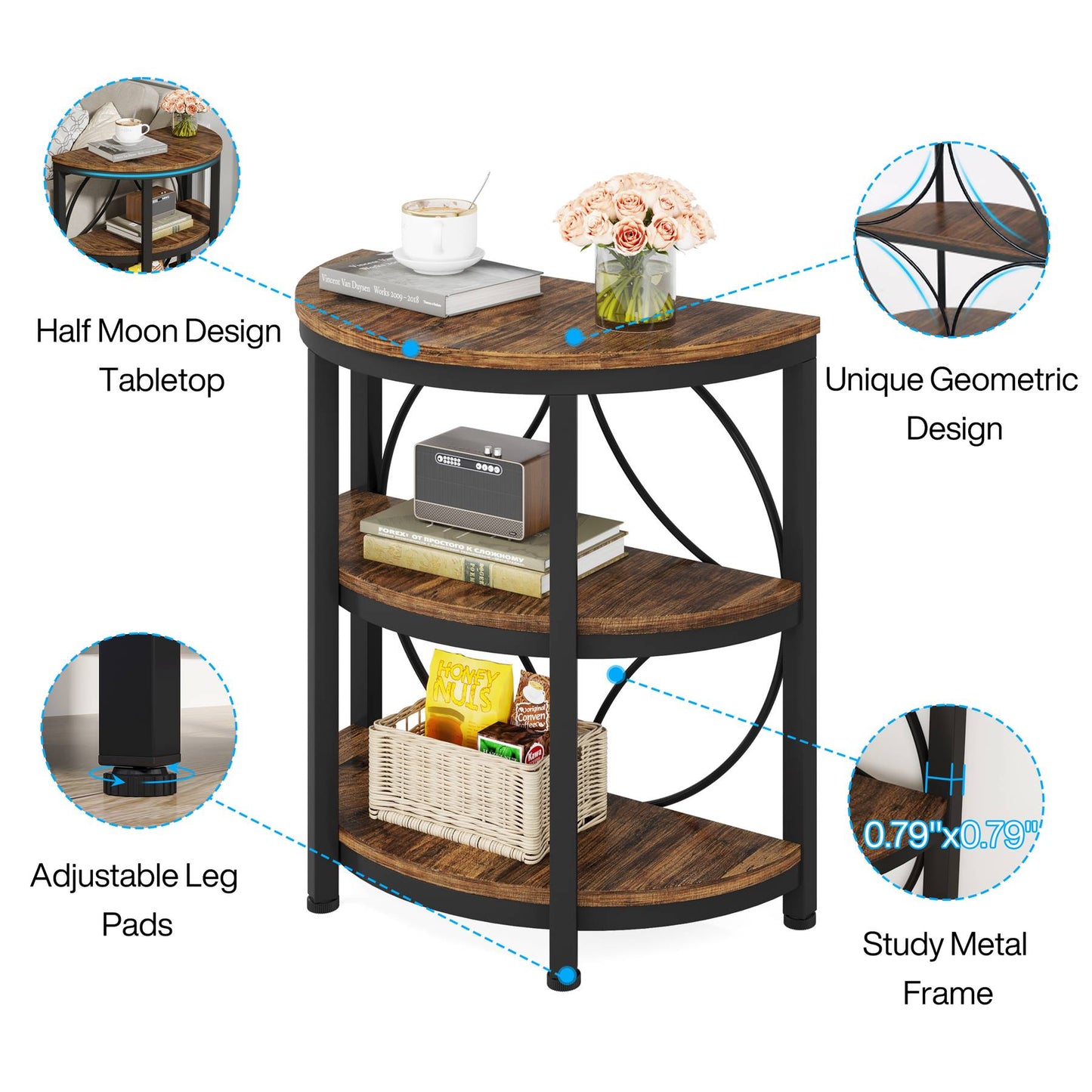 Tribesigns Half - Round End Table, 3 - Tier Narrow Side Table with Metal Frame Tribesigns