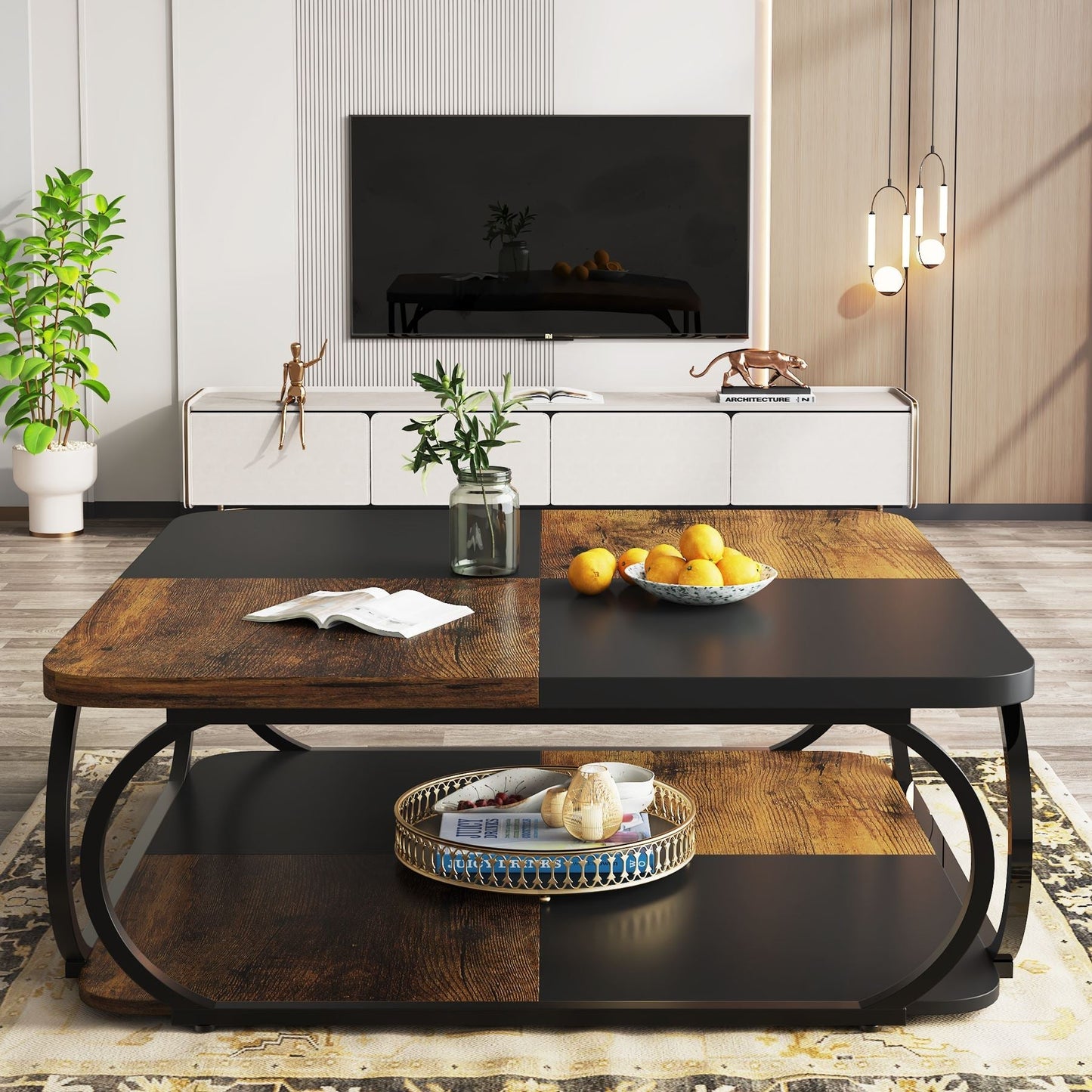 Tribesigns Square Coffee Table, 39" Central Cocktail Table with 2 - Tier Shelves Tribesigns