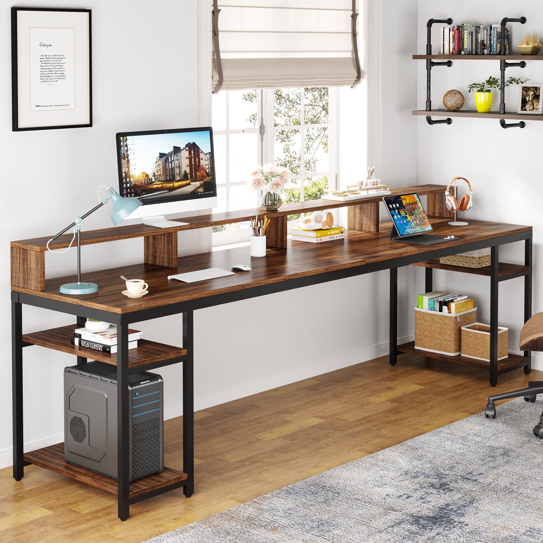 Two Person Desk, 78.7" Computer Desk With Monitor Stand and 4 Open Shelf Tribesigns