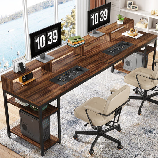 Two Person Desk, 78.7" Computer Desk With Monitor Stand and 4 Open Shelf Tribesigns