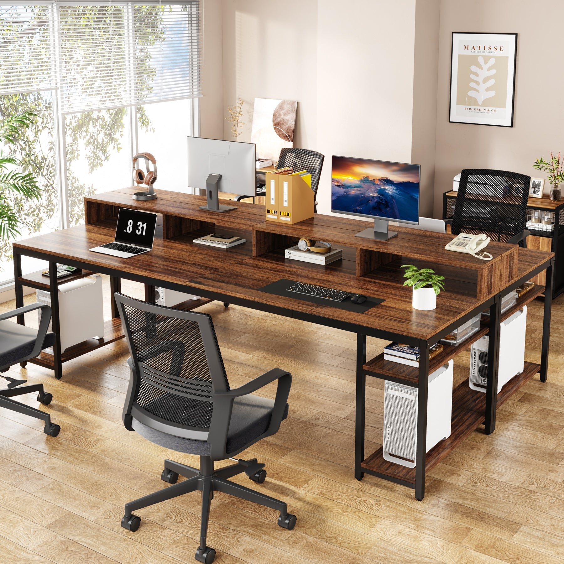 Two Person Desk, 78.7" Computer Desk With Monitor Stand and 4 Open Shelf Tribesigns