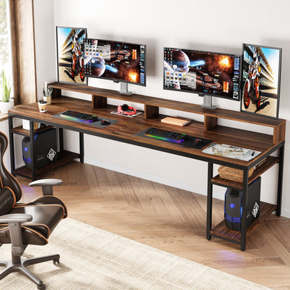 Two Person Desk, 78.7" Computer Desk With Monitor Stand and 4 Open Shelf Tribesigns