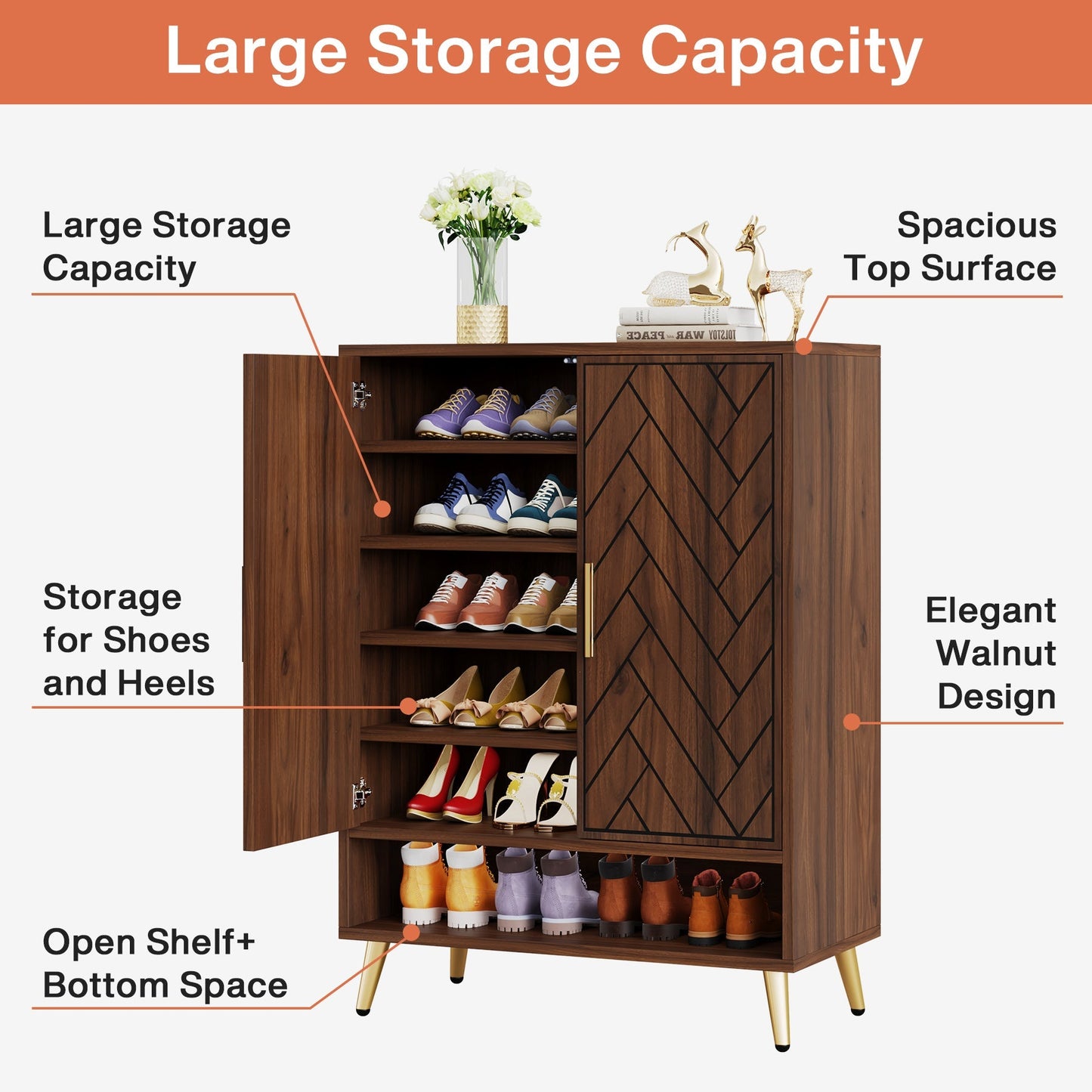 Walnut Shoe Cabinet, 6-Tier Wooden Shoe Organizer with Adjustable Shelves Tribesigns