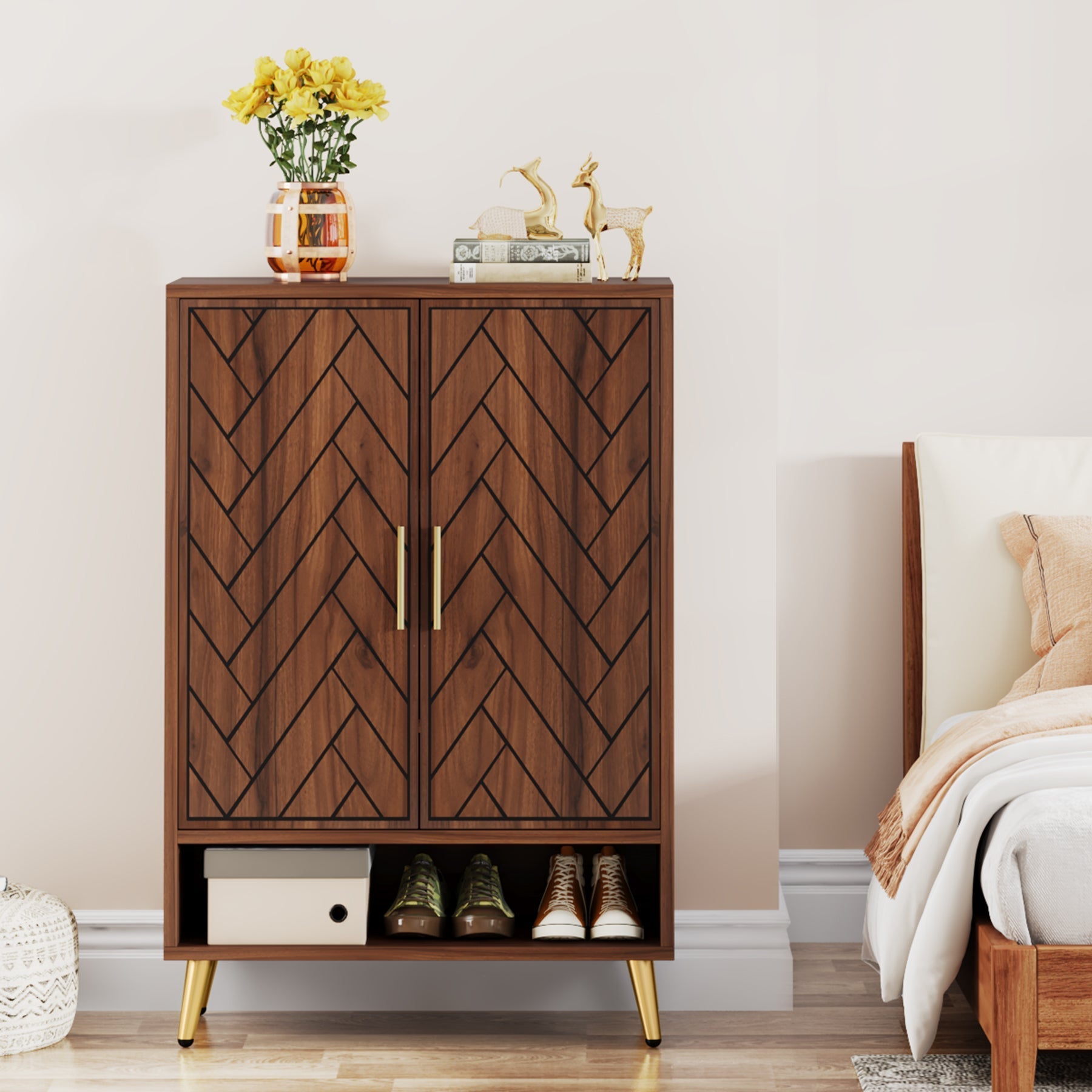 Walnut Shoe Cabinet, 6-Tier Wooden Shoe Organizer with Adjustable Shelves Tribesigns