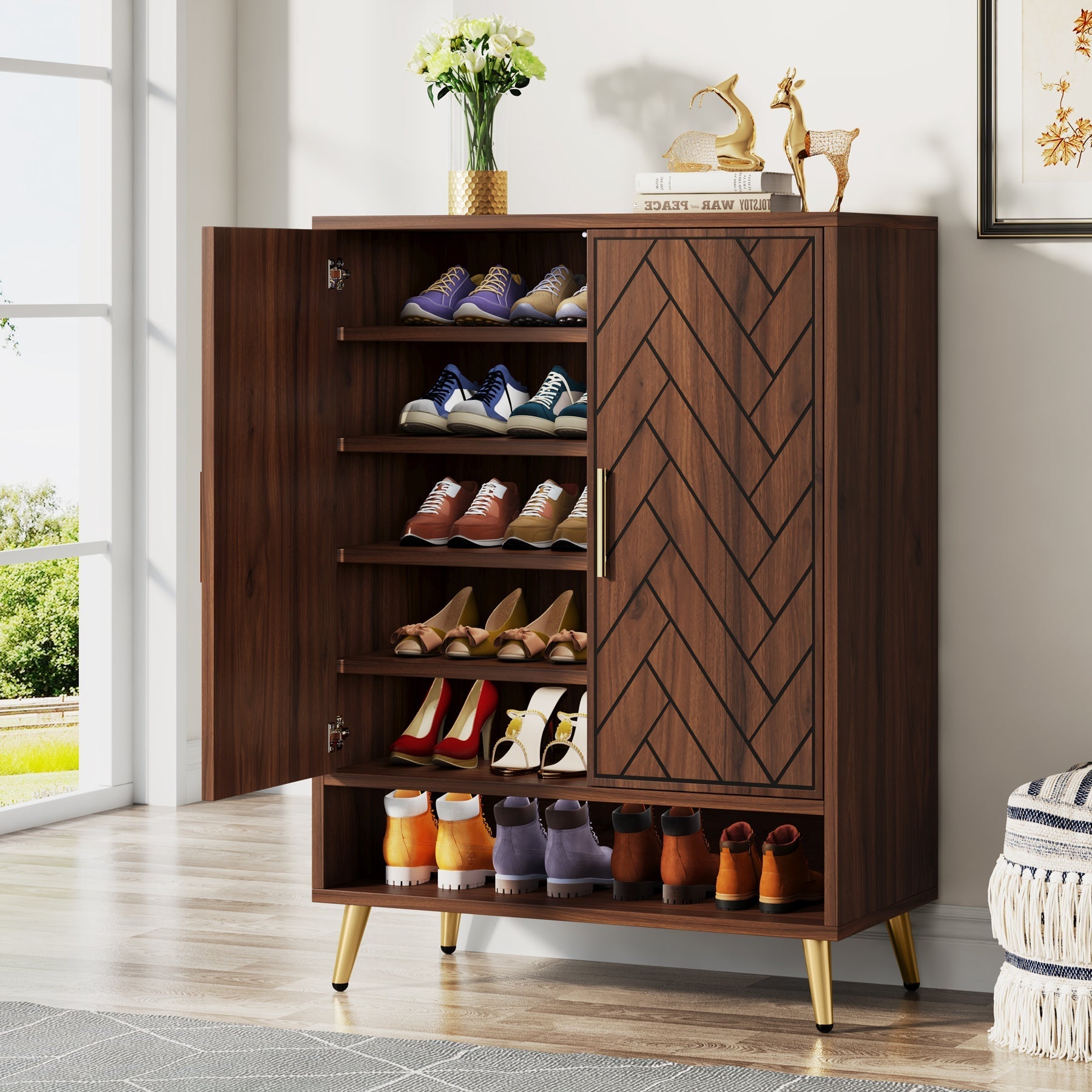 Walnut Shoe Cabinet, 6-Tier Wooden Shoe Organizer with Adjustable Shelves Tribesigns