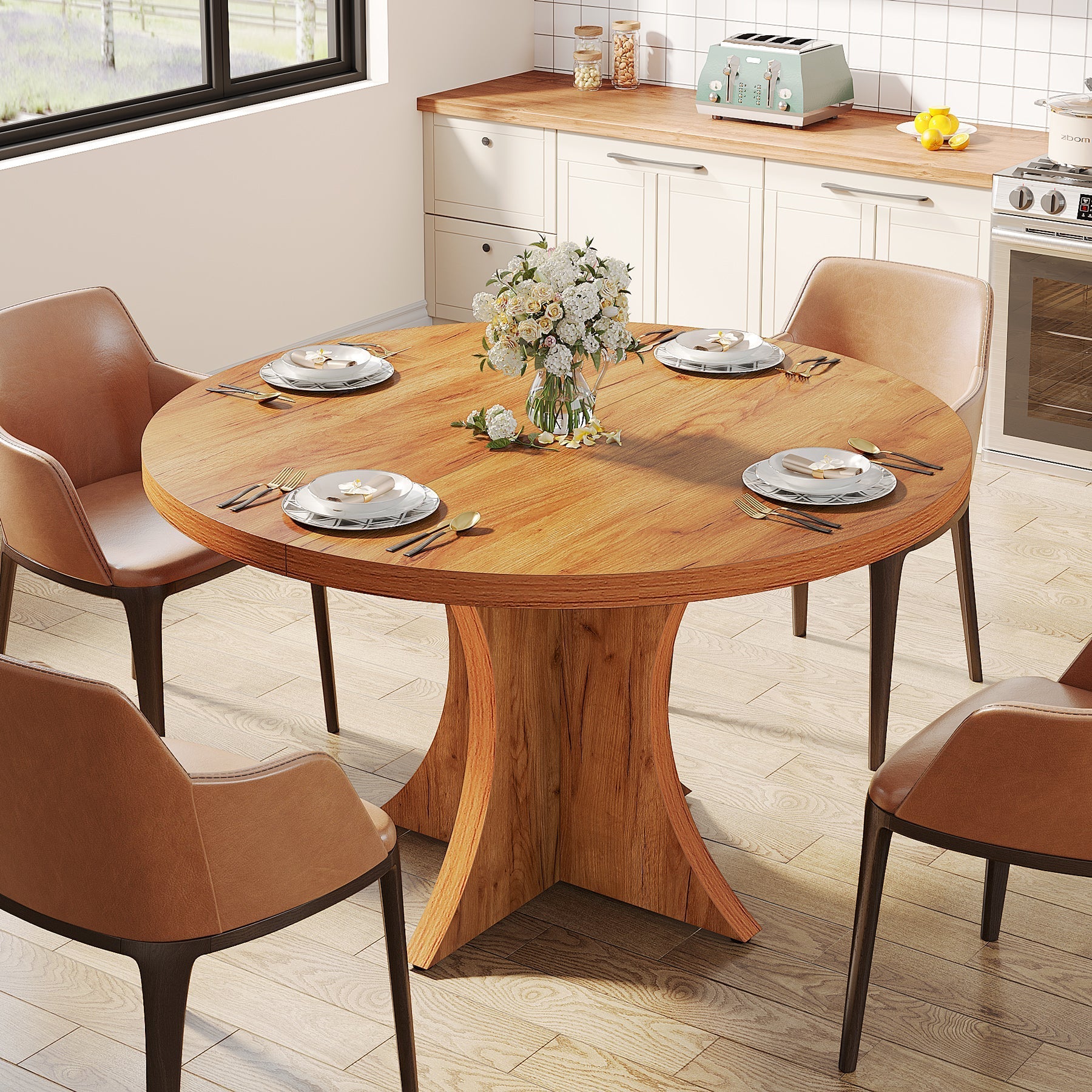 Wood Dining Table, 47.24 Inches Round Kitchen Table for 4-6 Tribesigns