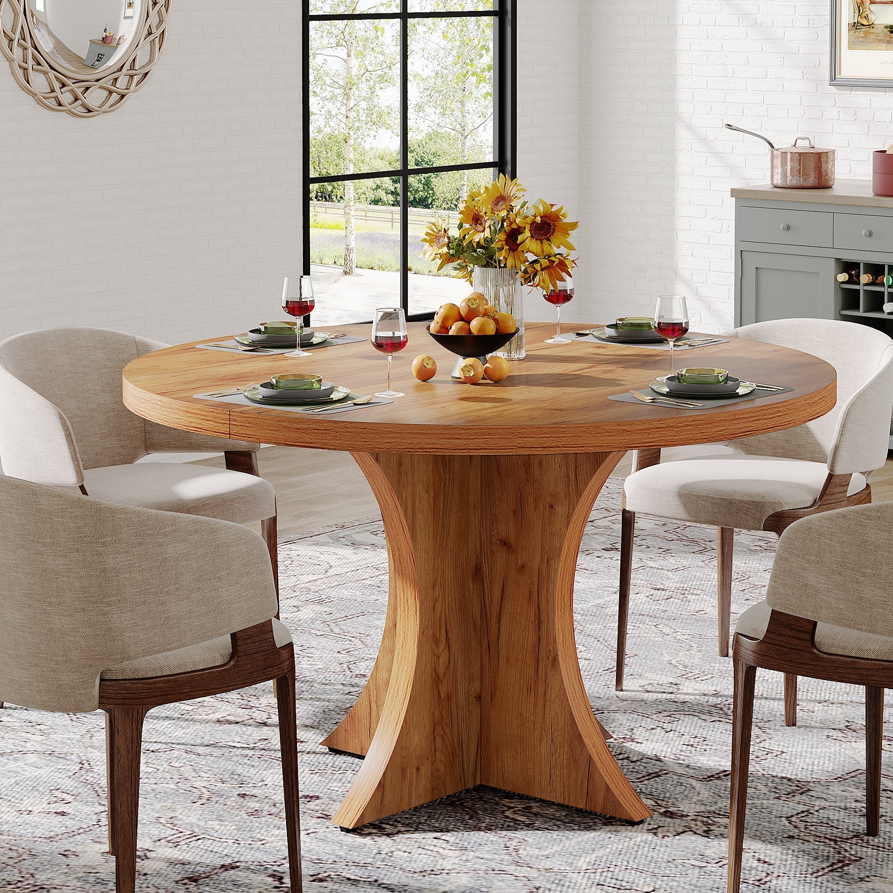 Wood Dining Table, 47.24 Inches Round Kitchen Table for 4-6 Tribesigns