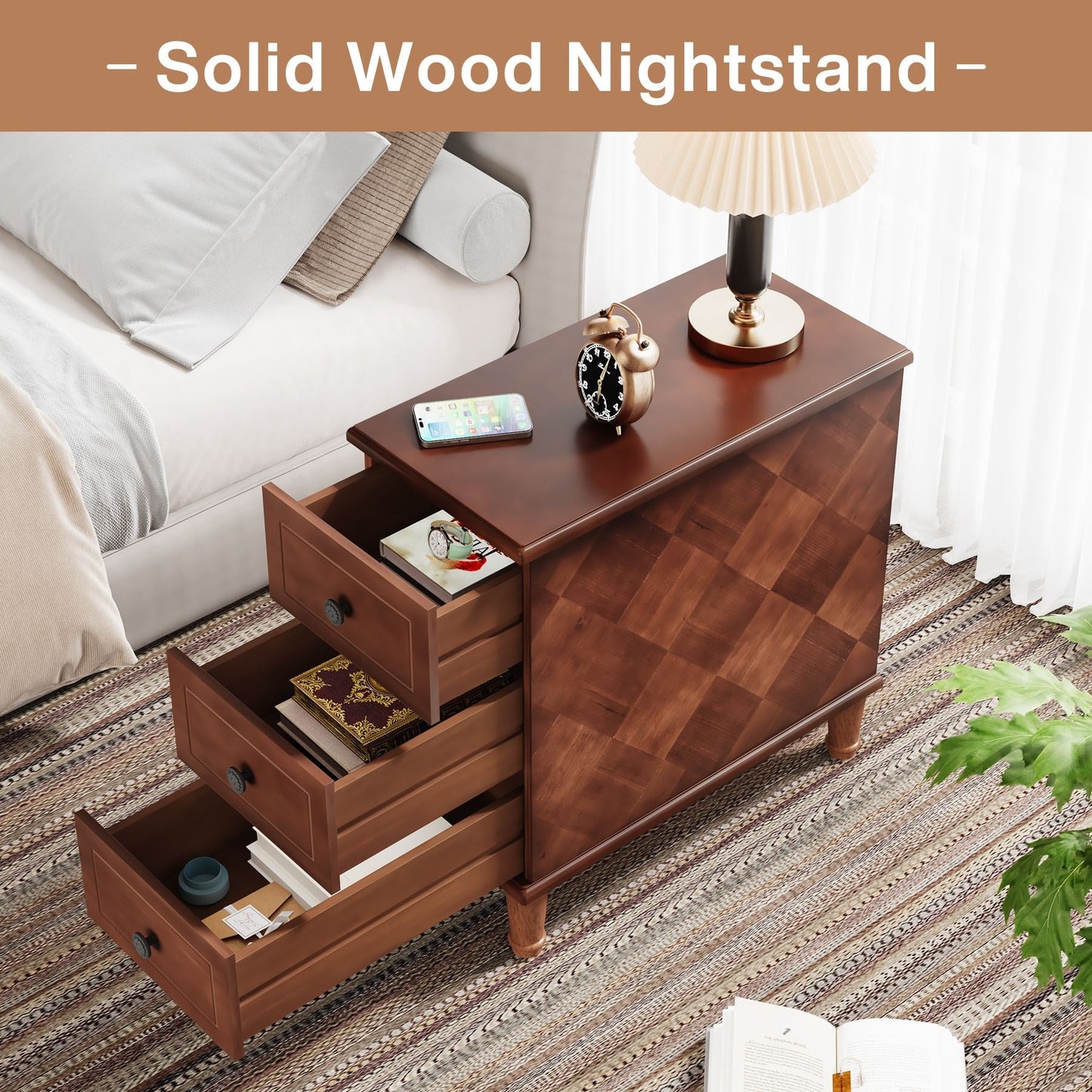 Wood Nightstand, Fully Assembled Narrow Side Table with 3 Drawers Tribesigns