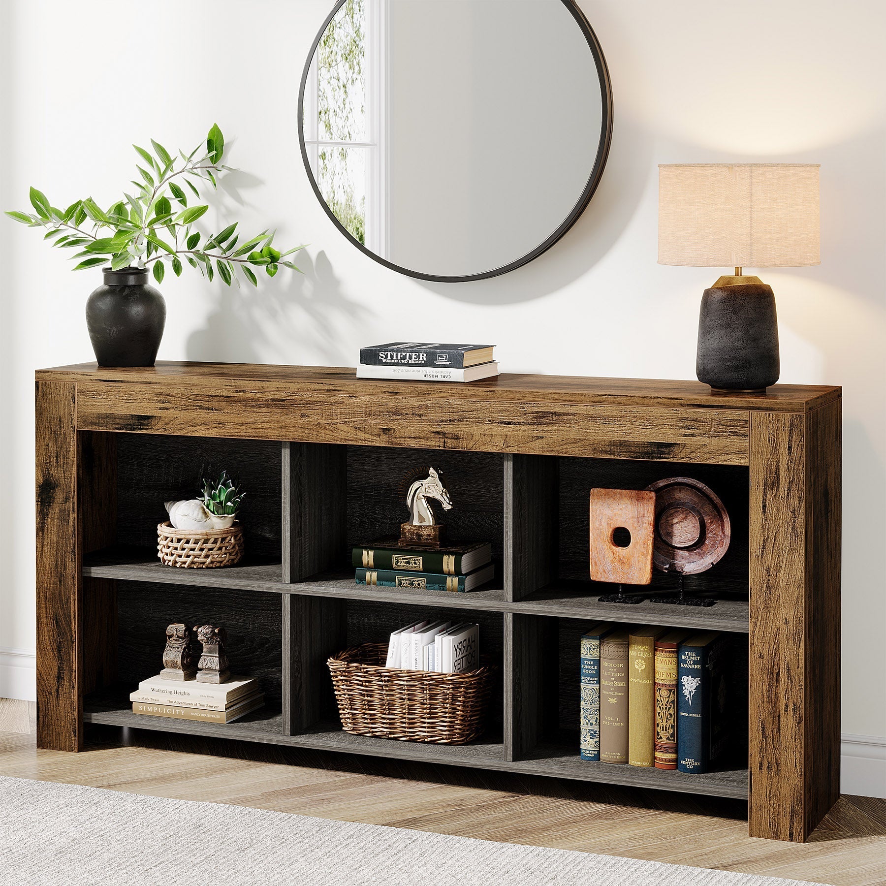 Wood Sofa Table, Rustic Console Table Entryway Table with 6 Storage Cubes Tribesigns