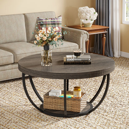 Wooden Coffee Table, 2-Tier Round Central Cocktail Table with Shelves Tribesigns