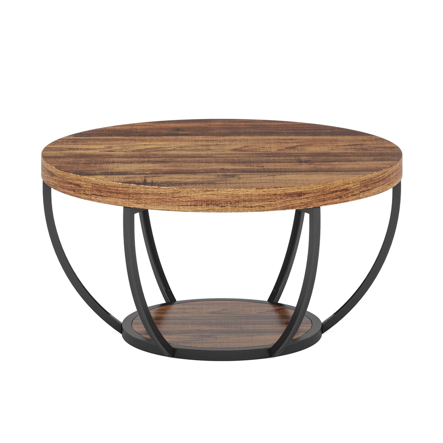 Wooden Coffee Table, 2-Tier Round Central Cocktail Table with Shelves Tribesigns