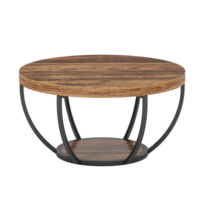 Wooden Coffee Table, 2-Tier Round Central Cocktail Table with Shelves Tribesigns